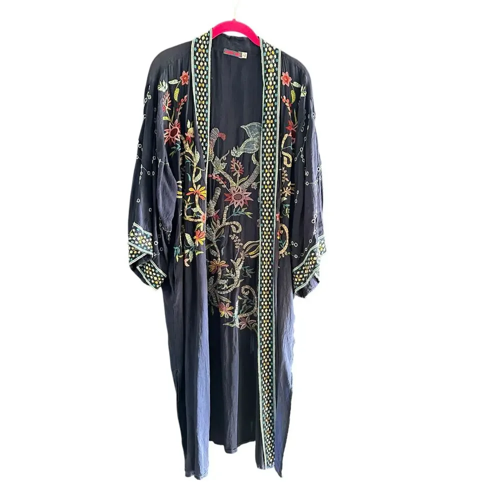 Johnny Was Long Kimono Jacket Summer Floral Embroidered Navy Blue Size Small - Picture 2 of 9